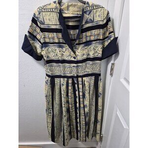 Vintage-Inspired Short-Sleeve Tribal Print Dress With Button-Front  Waist Tie